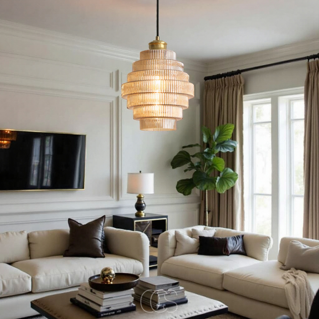 Elegant Carafe Glass Pendant Light With Brass Accents