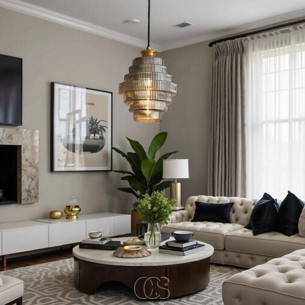 Elegant Carafe Glass Pendant Light With Brass Accents