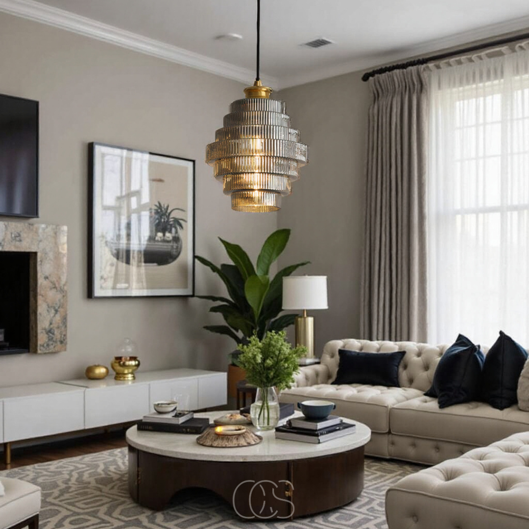 Elegant Carafe Glass Pendant Light With Brass Accents