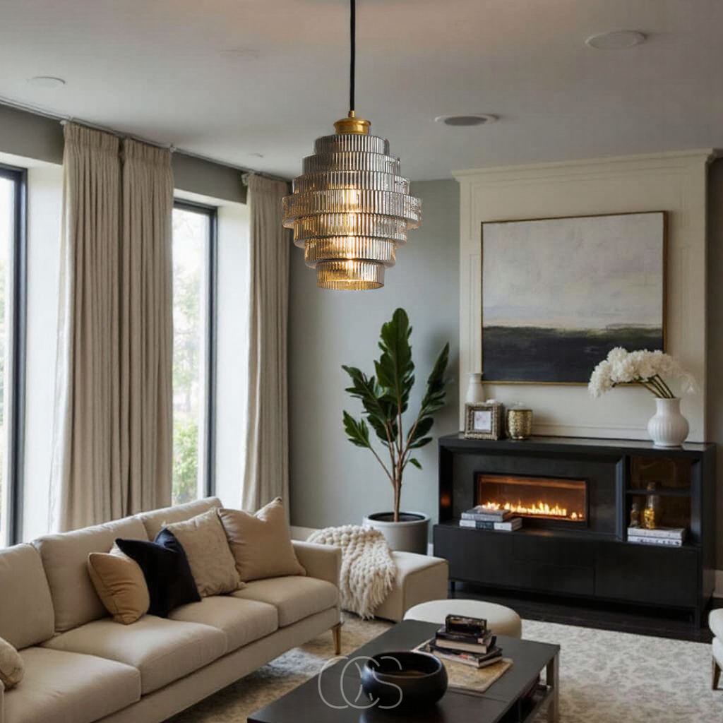 Elegant Carafe Glass Pendant Light With Brass Accents