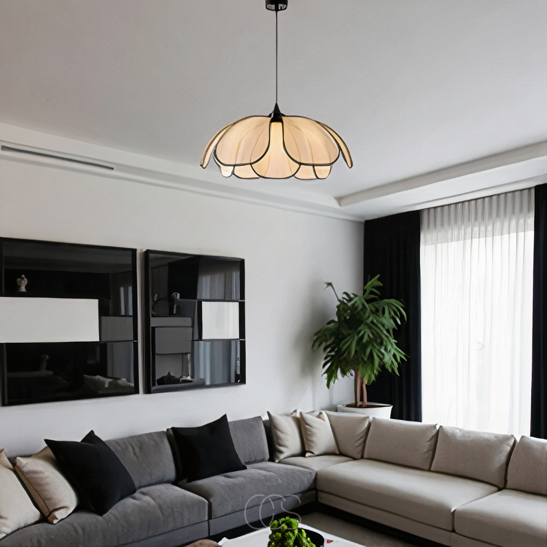 Blossom-Style Rattan Pendant Light With Black Accents