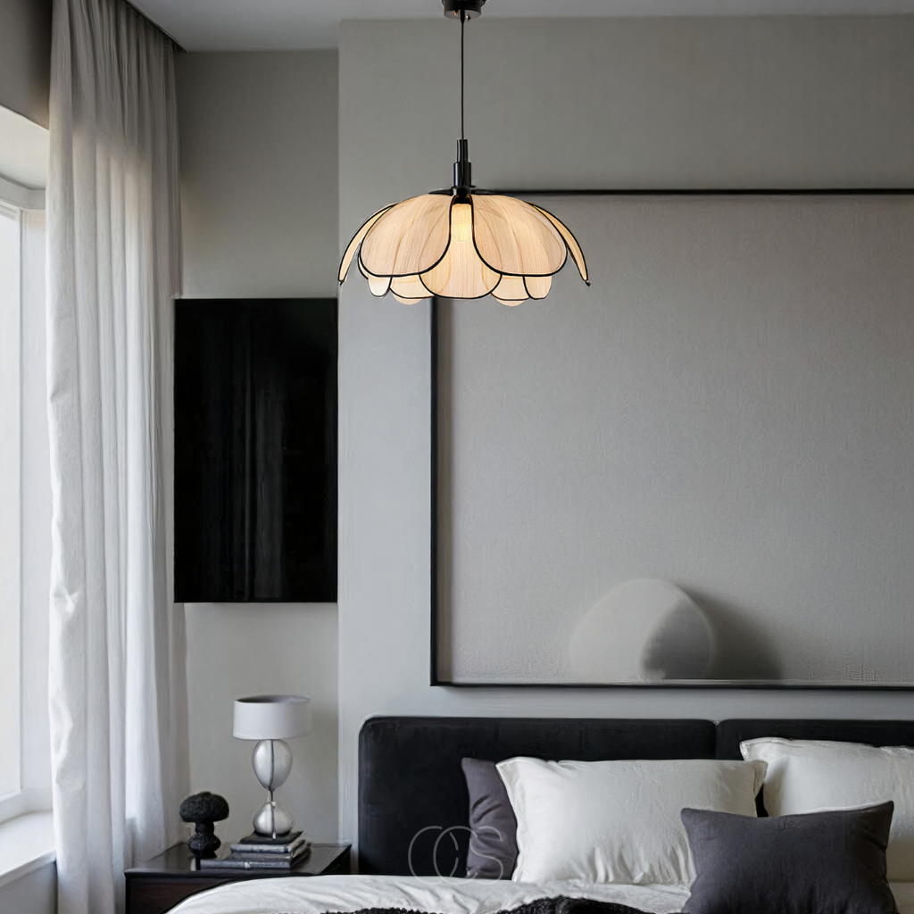 Blossom-Style Rattan Pendant Light With Black Accents