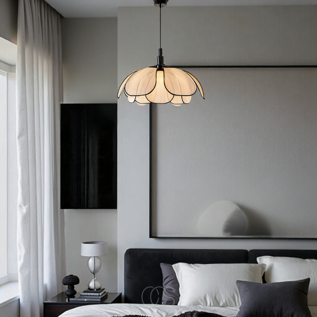Blossom-Style Rattan Pendant Light With Black Accents