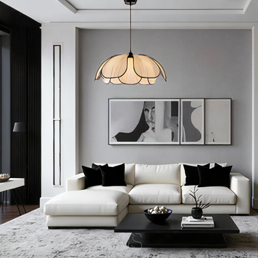 Blossom-Style Rattan Pendant Light With Black Accents