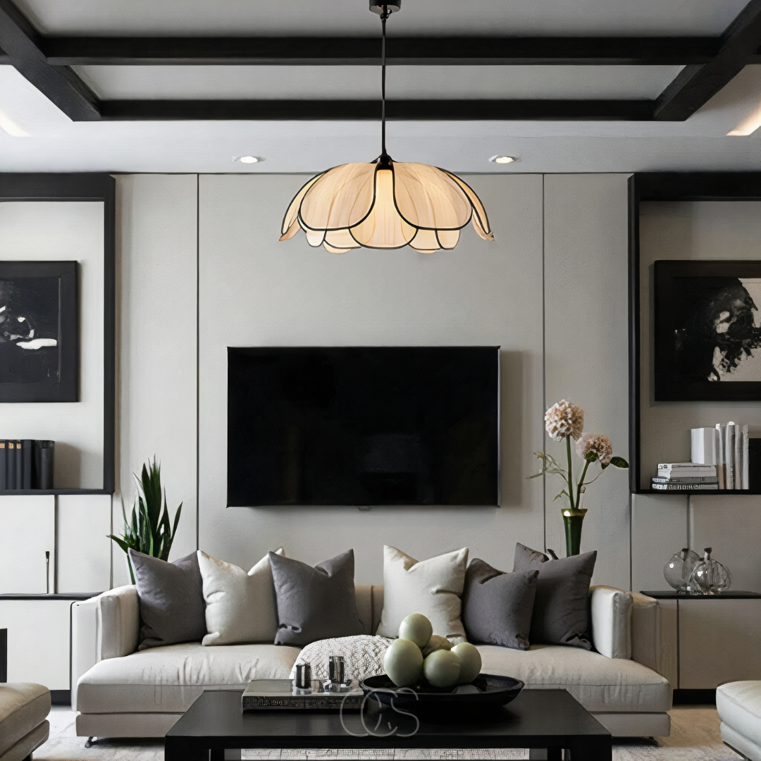 Blossom-Style Rattan Pendant Light With Black Accents